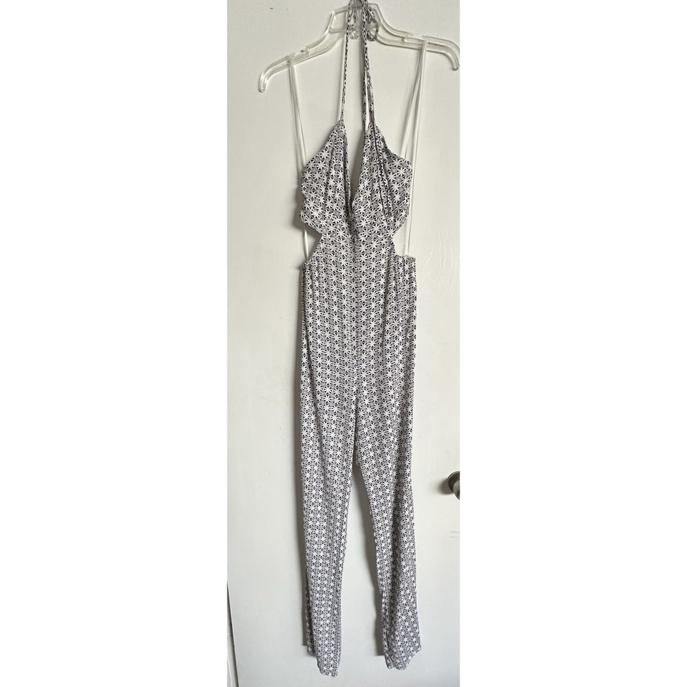 William B Jumpsuit Slit Legs Size Small Tie Neck Black White Pattern 100% Rayon